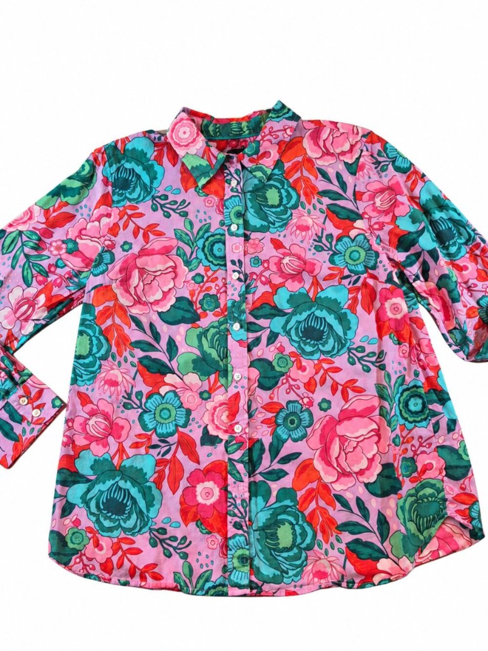 Talbots Womens Shirt L Pink Teal Floral Cotton Long Sleeve Button Up